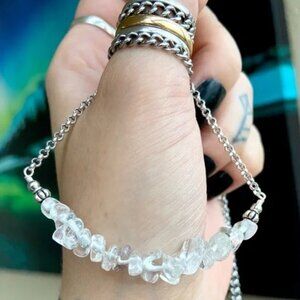 Quartz Bar Necklace Handmade Stainless Steel Chain Gemstones Chips Boho Gift